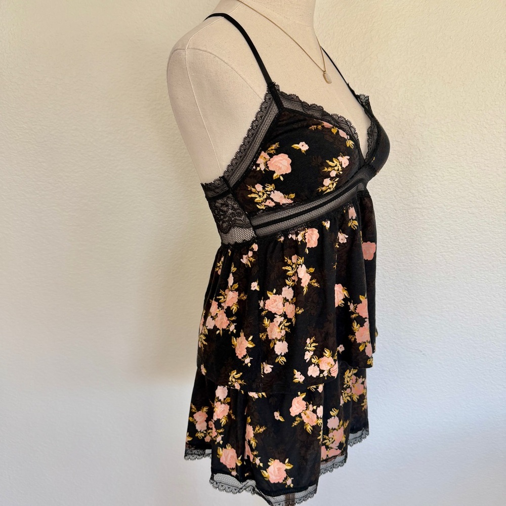 🌹 VS Black Pink Roses Floral Print Heavenly Supersoft Modal Lace Cami Short Set - Picture 5 of 12